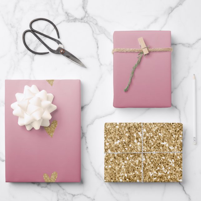 Pink Ombre Gold Glitter Heart Wrapping Paper Sheets (Front)