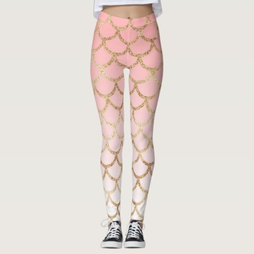 Pink Ombre Gold Glitter Mermaid Scales Leggings