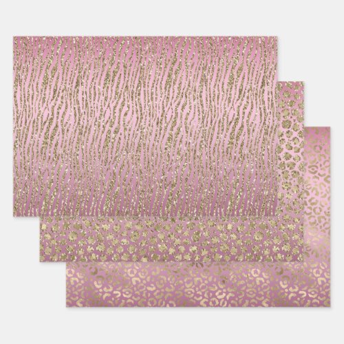 Pink Ombre Gold Glitzy Animal Prints Wrapping Paper Sheets