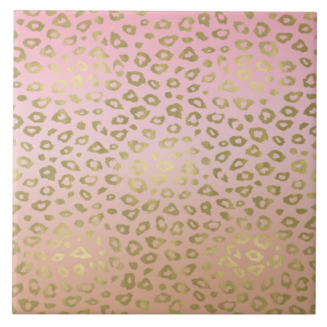 Pink Ombre Gold Leopard Print Ceramic Tile (Front)