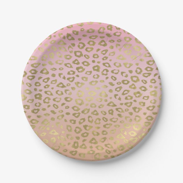 Pink Ombre Gold Leopard Print Paper Plates (Front)