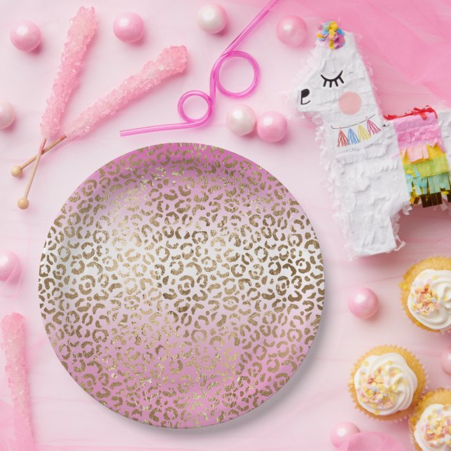 Pink Ombre Gold Leopard Print      Paper Plates (Party)