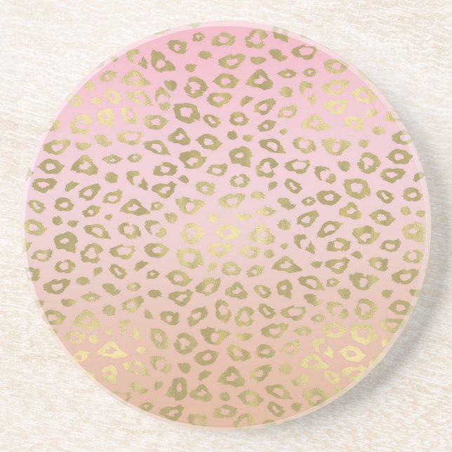 Pink Ombre Gold Leopard Print Sandstone Coaster (Front)