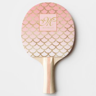 Pink Ombre & Gold Mermaid Pattern - Monogrammed Ping Pong Paddle