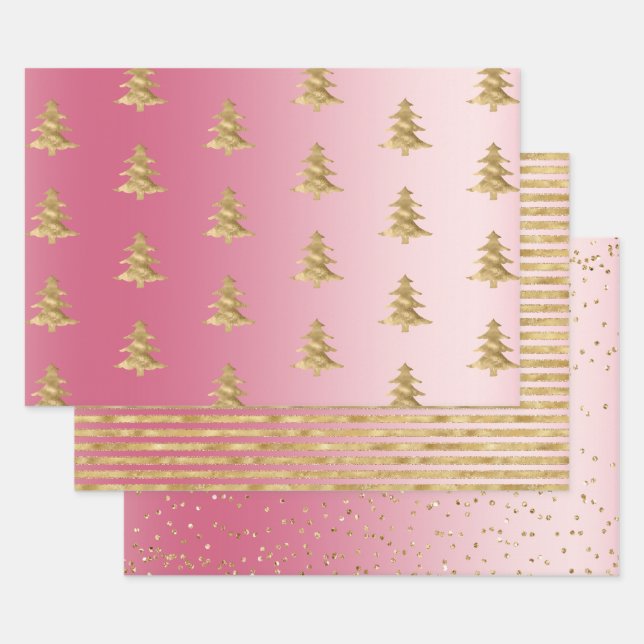 Pink Ombre Gold Stripes Christmas Trees Confetti  Wrapping Paper Sheets (Set)