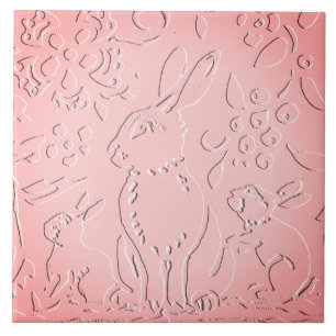 Pink Ombre Rabbit Woodland Embossed Floral Nature Ceramic Tile