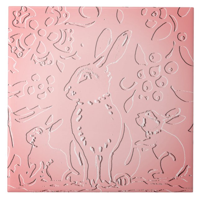 Pink Ombre Rabbit Woodland Embossed Floral Nature Ceramic Tile (Front)