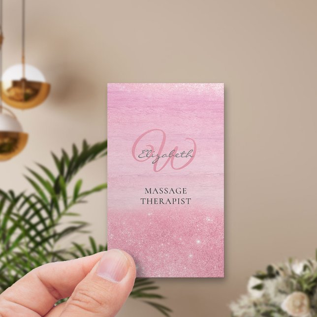Pink Ombre Shimmer Massage Therapist Vertical Business Card (Vertical business card - monogram logo on pink ombre)