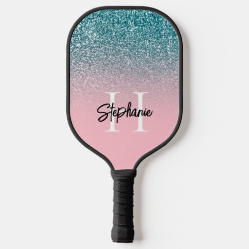 Pink Ombre Teal Glitter Monogram Pickleball Paddle