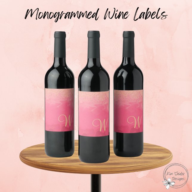 Pink Ombre With Gold Glitter and Monogram Wine Label (Creator Uploaded)