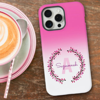 Pink Ombre Wreath Encircled Monogram Name iPhone 15 Pro Max Case
