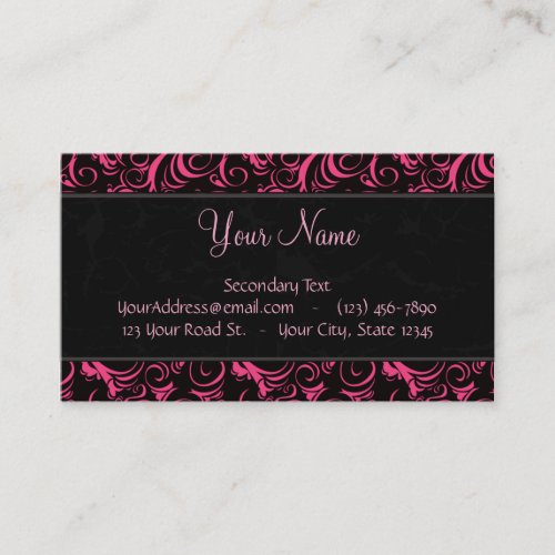 Pink on Black Floral Wisps, Stripes with Monogram Business Card Template