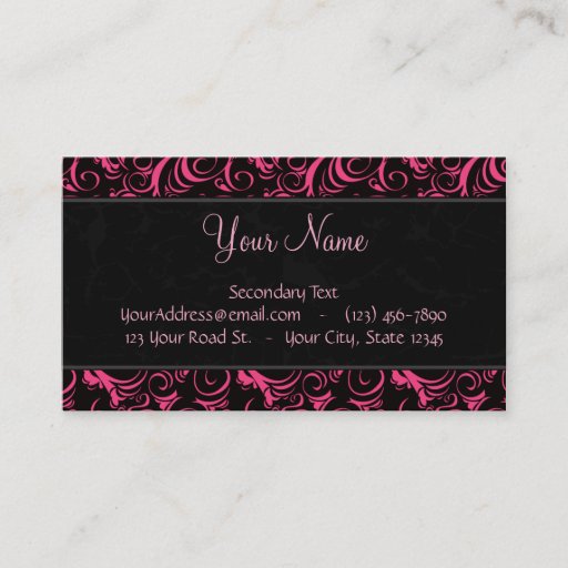 Customizable Pink on Black Floral Wisps, Stripes with Monogram Business Card Template
