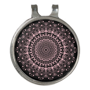 Pink on black ornate mandal pattern golf hat clip