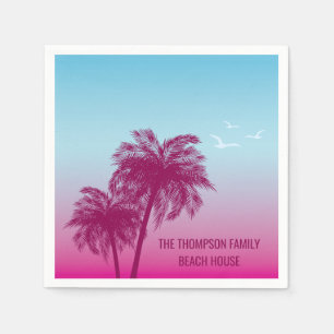 Pink On Blue Palm Tree Silhouettes Tropical Summer Napkins