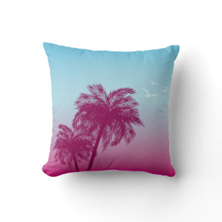 Pink On Blue Palm Tree Silhouettes Tropical Summer Throw Pillow