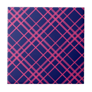 Pink On Blue Plaid Lines Design Ceramic Tile