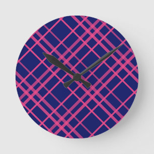Pink On Blue Plaid Lines Design Round Clock