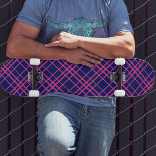 Pink On Blue Plaid Lines Design Skateboard