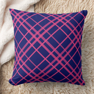 Pink On Blue Plaid Lines Design  Throw Pillow