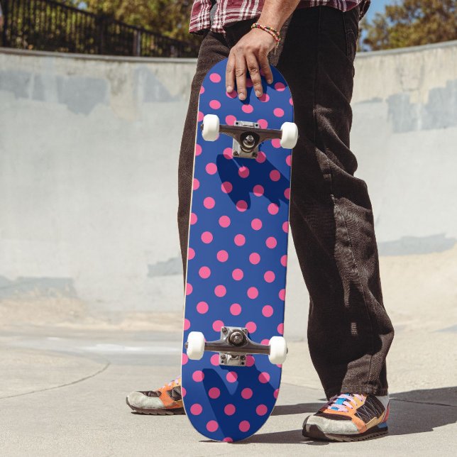 Pink On Blue Polka Dots Pattern Design Skateboard (Creator Uploaded)