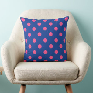 Pink On Blue Polka Dots Pattern Design Throw Pillow