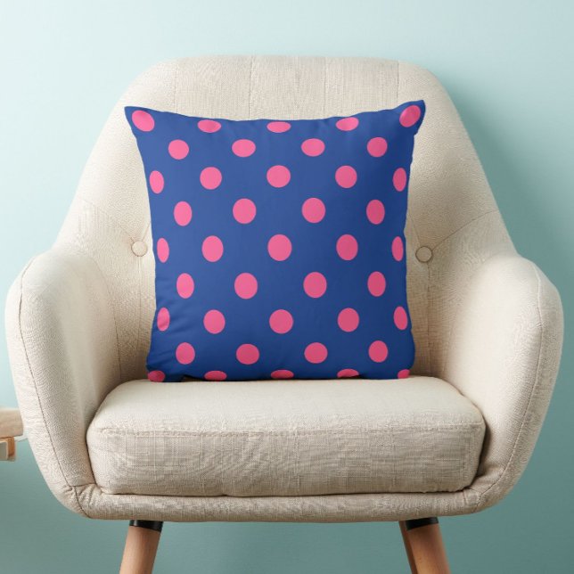 Pink On Blue Polka Dots Pattern Design Throw Pillow (Creator Uploaded)