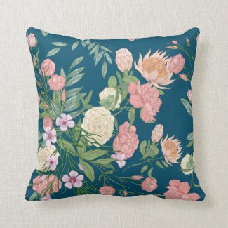 Pink on Blue Teal Spring Flower Show Pillow 16x16