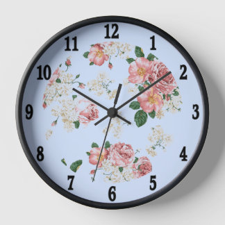 Pink on Blue Vintage Floral Large Clock