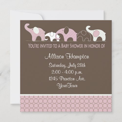 Pink on Brown Elephant Baby Shower Invitations