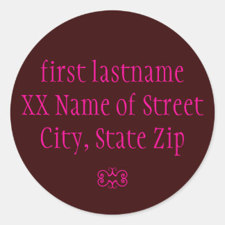 pink on brown return address label