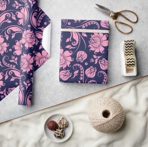 Pink on dark blue floral damasks pattern wrapping paper