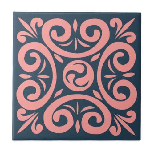 Pink on dark Blue Intricate pattern Ceramic Tile