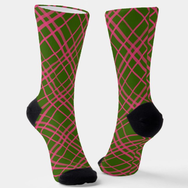 Pink On Green Plaid Lines Design  Socks (Creator Uploaded)