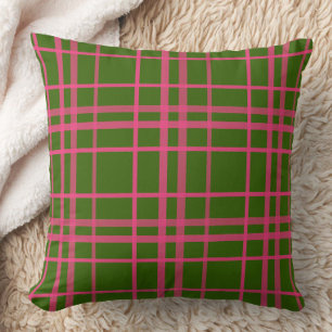Pink On Green Plaid Lines Design Throw Pillow