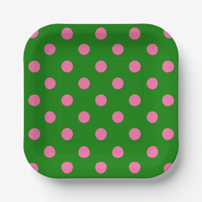 Pink On Green Polka Dots Pattern Design  Paper Plates (Front)
