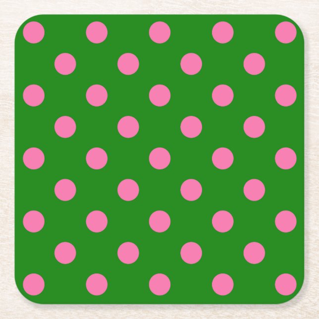 Pink On Green Polka Dots Pattern Design  Square Paper Coaster (Front)