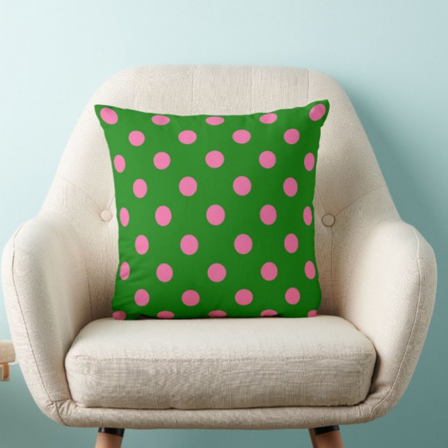 Pink On Green Polka Dots Pattern Design  Throw Pillow (Creator Uploaded)