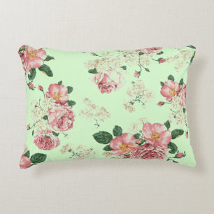 Pink on Green Vintage Floral Accent Pillow