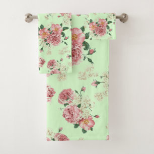Pink on Green Vintage Floral Bath Towel Set