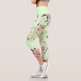 Pink on Green Vintage Floral Capri Leggings