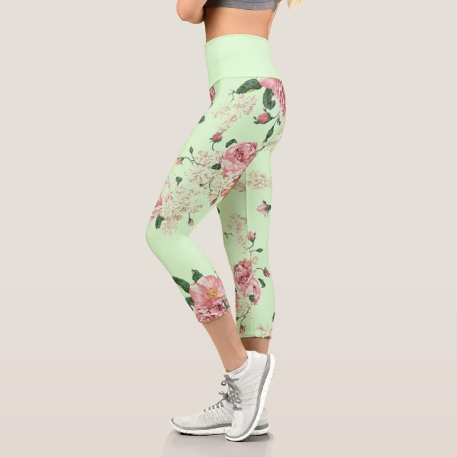 Pink on Green Vintage Floral Capri Leggings (Left)