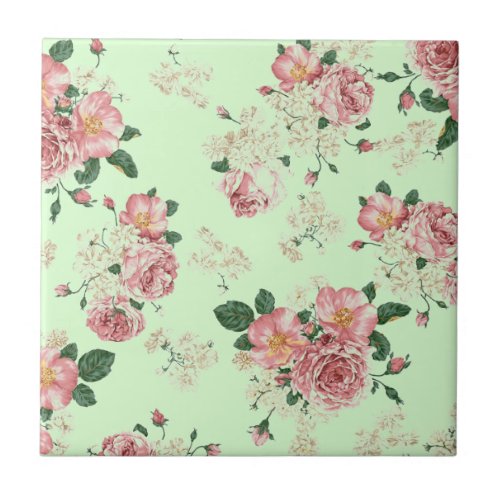 Pink on Green Vintage Floral Ceramic Tile