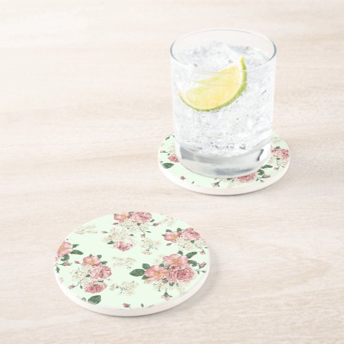 Pink on Green Vintage Floral Coaster