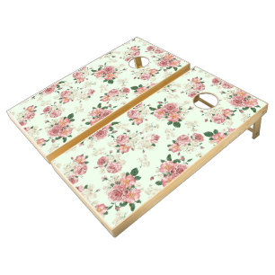 Pink on Green Vintage Floral Cornhole Set