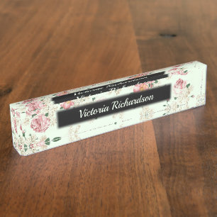 Pink on Green Vintage Floral Desk Name Plate