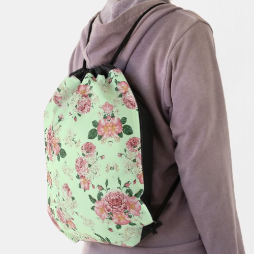 Pink on Green Vintage Floral Drawstring Bag