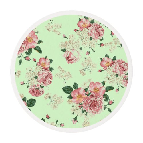 Pink on Green Vintage Floral Edible Frosting Rounds