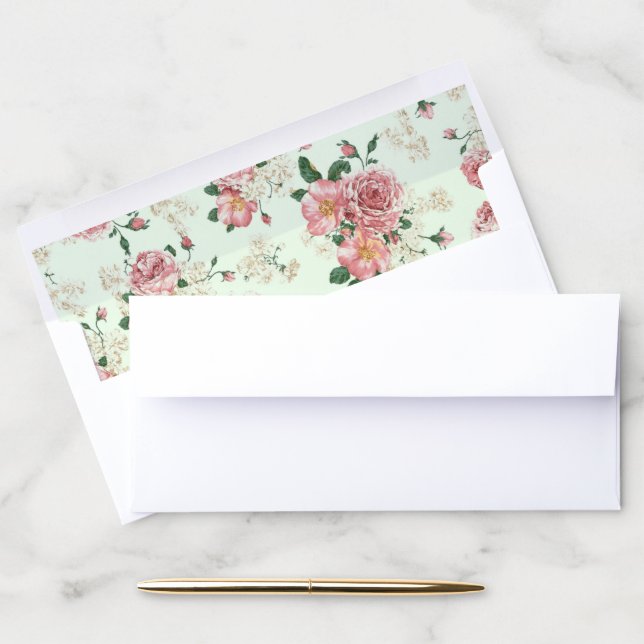 Pink on Green Vintage Floral Envelope Liner (Desk)