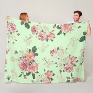 Pink on Green Vintage Floral Fleece Blanket